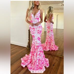 Pink V Neck Sequin Lace Mermaid Dress